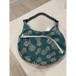 Kavu Rope Shoulder Bag Teal Pineapple Passion Print w/Multiple Zippered Pockets